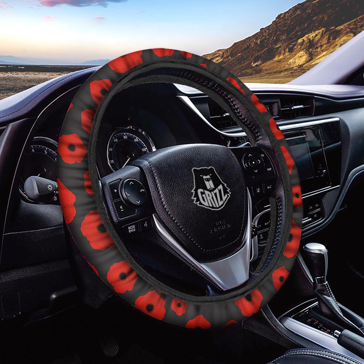 Poppy Red Print Pattern Car Steering Wheel Cover-grizzshop