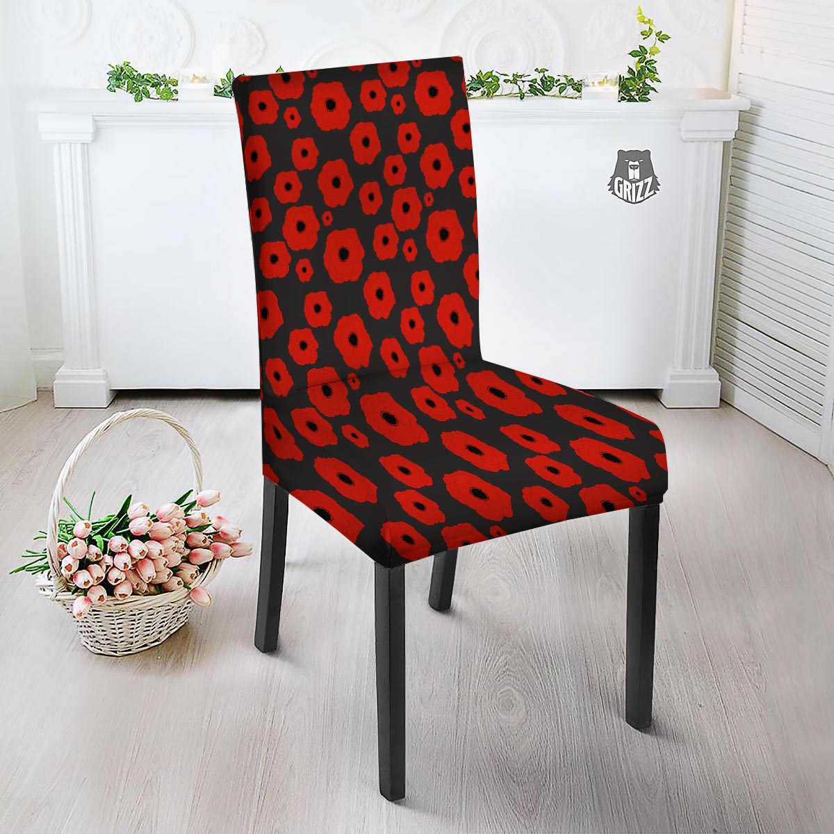 Poppy Red Print Pattern Dining Chair Slipcover-grizzshop