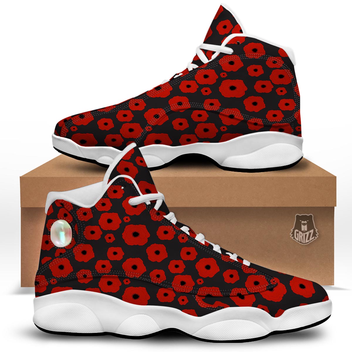 Poppy Red Print Pattern White Basketball Shoes-grizzshop