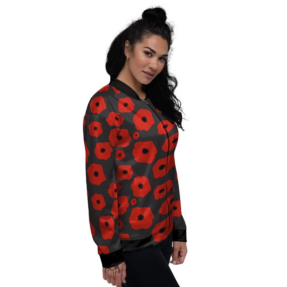 Poppy Red Print Pattern Women's Bomber Jacket-grizzshop