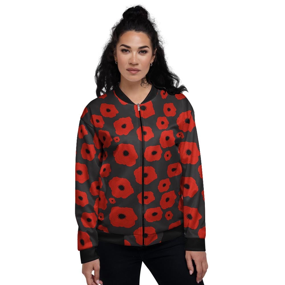 Poppy Red Print Pattern Women's Bomber Jacket-grizzshop