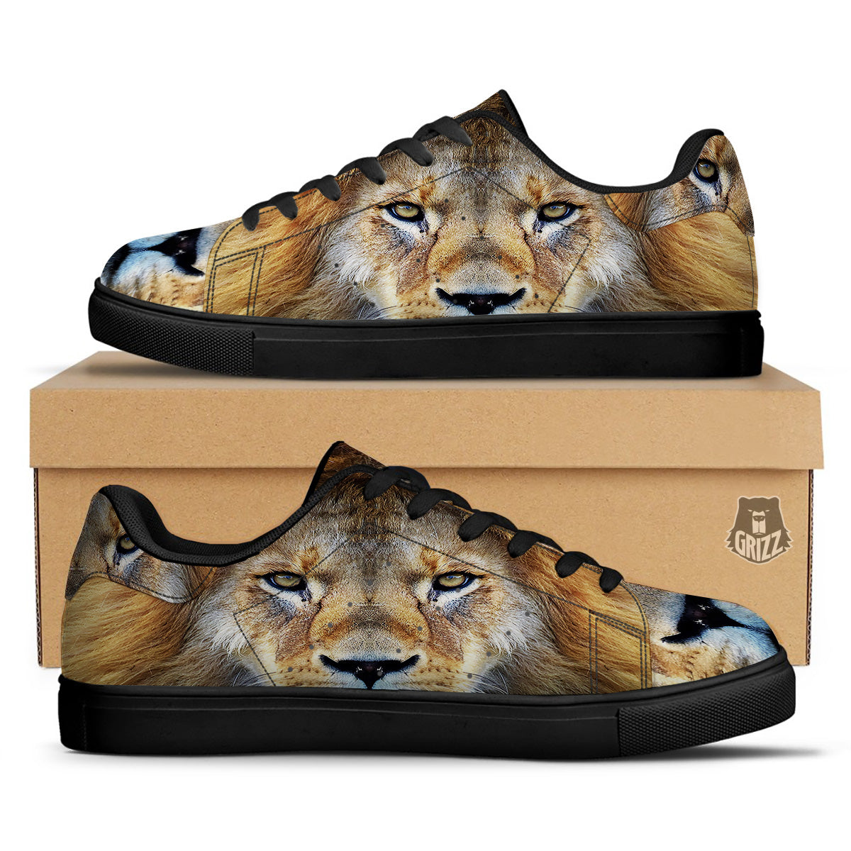 Portrait African Lion Print Black Low Top Sneakers-grizzshop