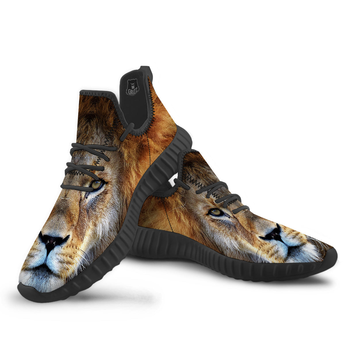 Portrait African Lion Print Black Walking Shoes-grizzshop