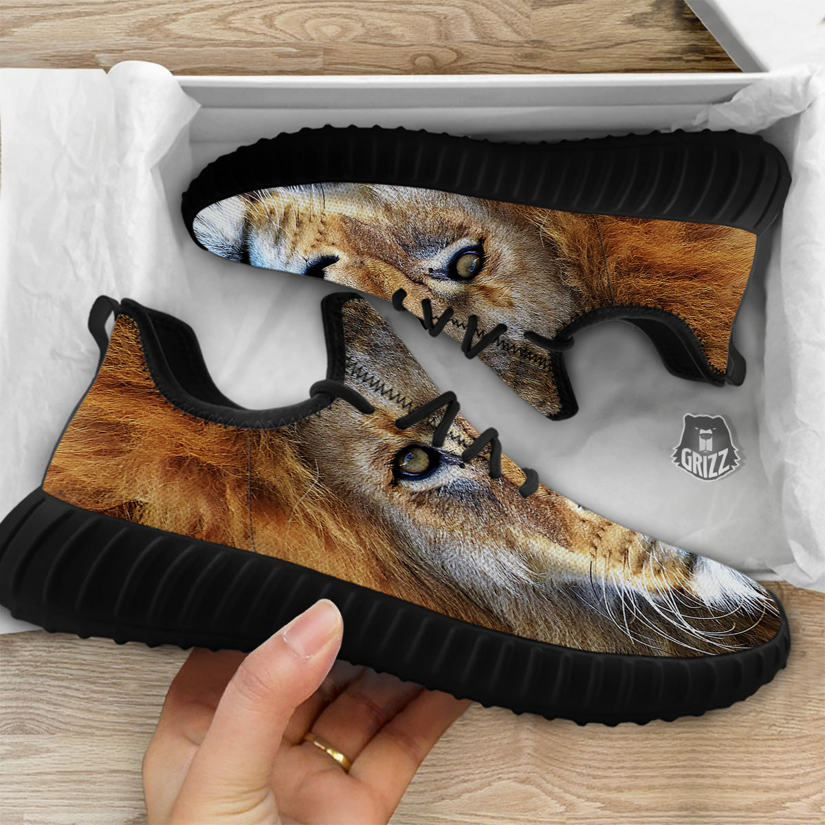 Portrait African Lion Print Black Walking Shoes-grizzshop