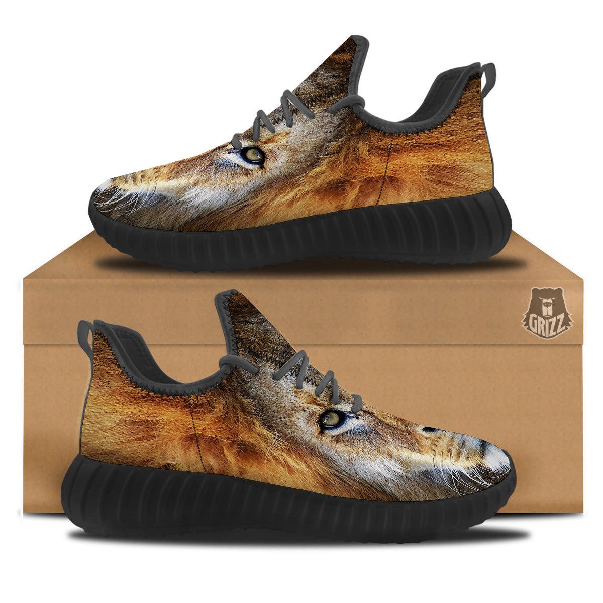 Portrait African Lion Print Black Walking Shoes-grizzshop