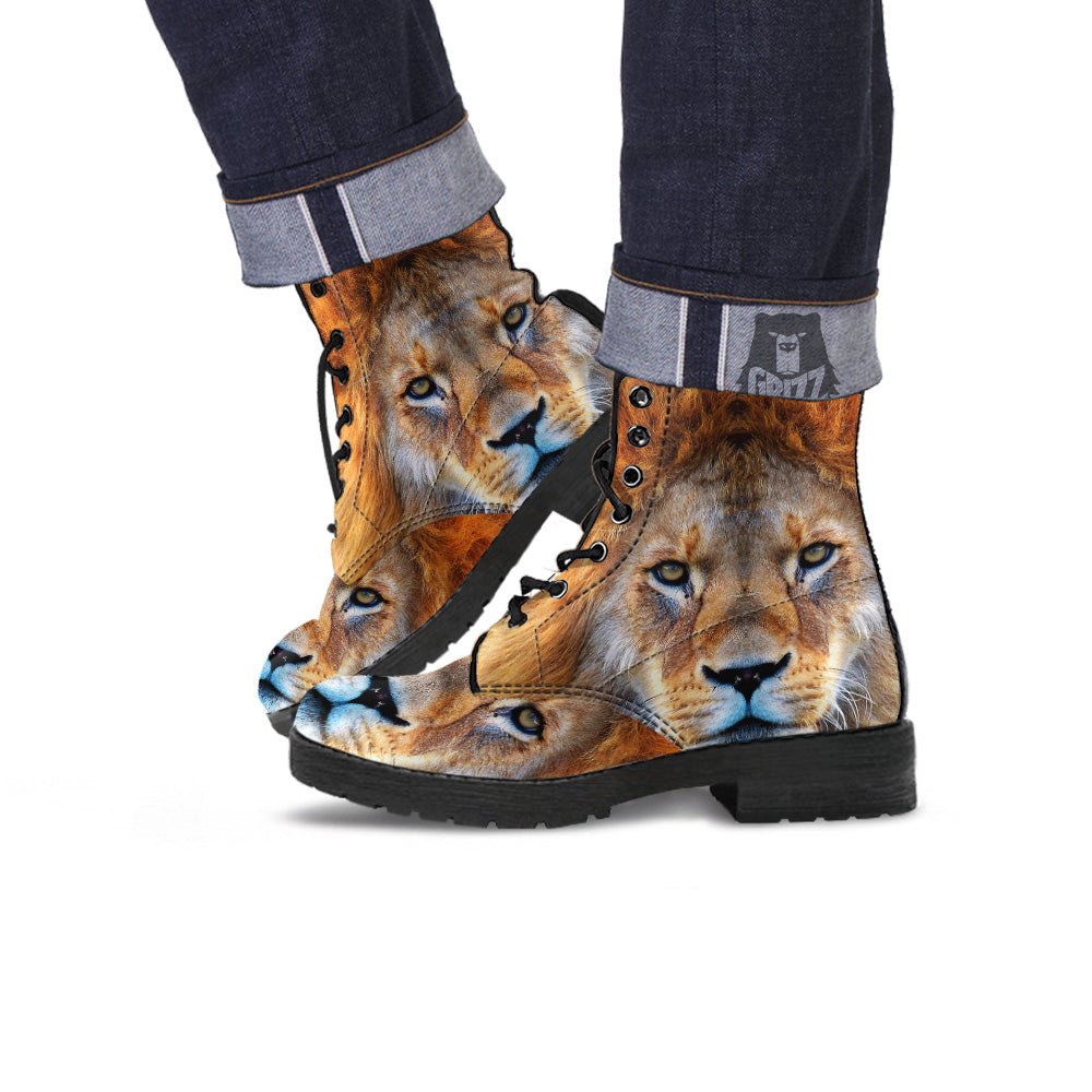 Portrait African Lion Print Leather Boots-grizzshop