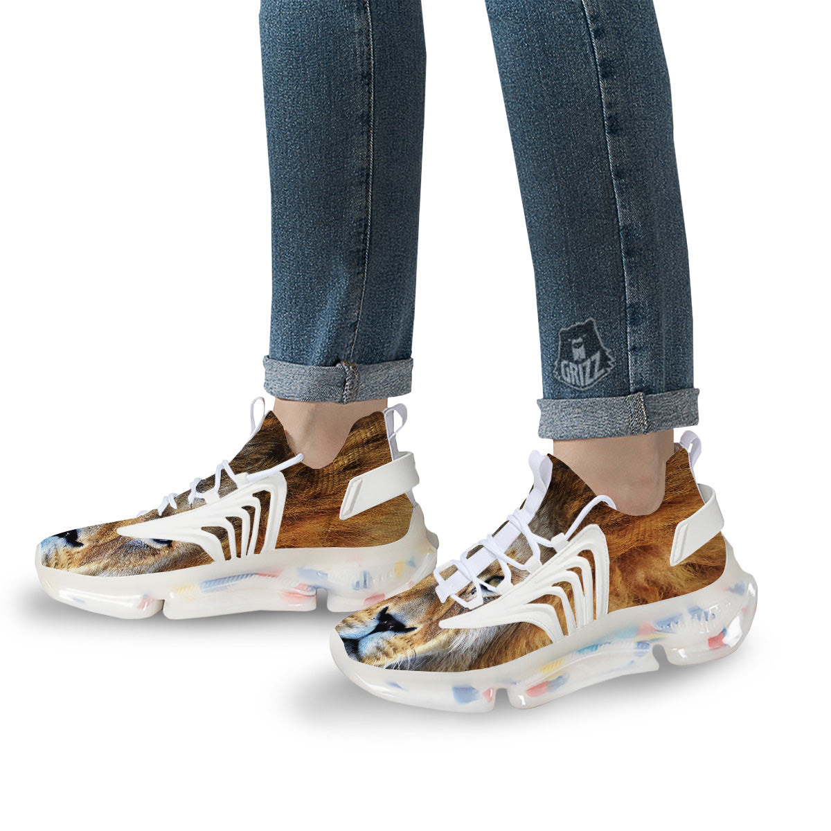 Portrait African Lion Print White Gym Shoes-grizzshop