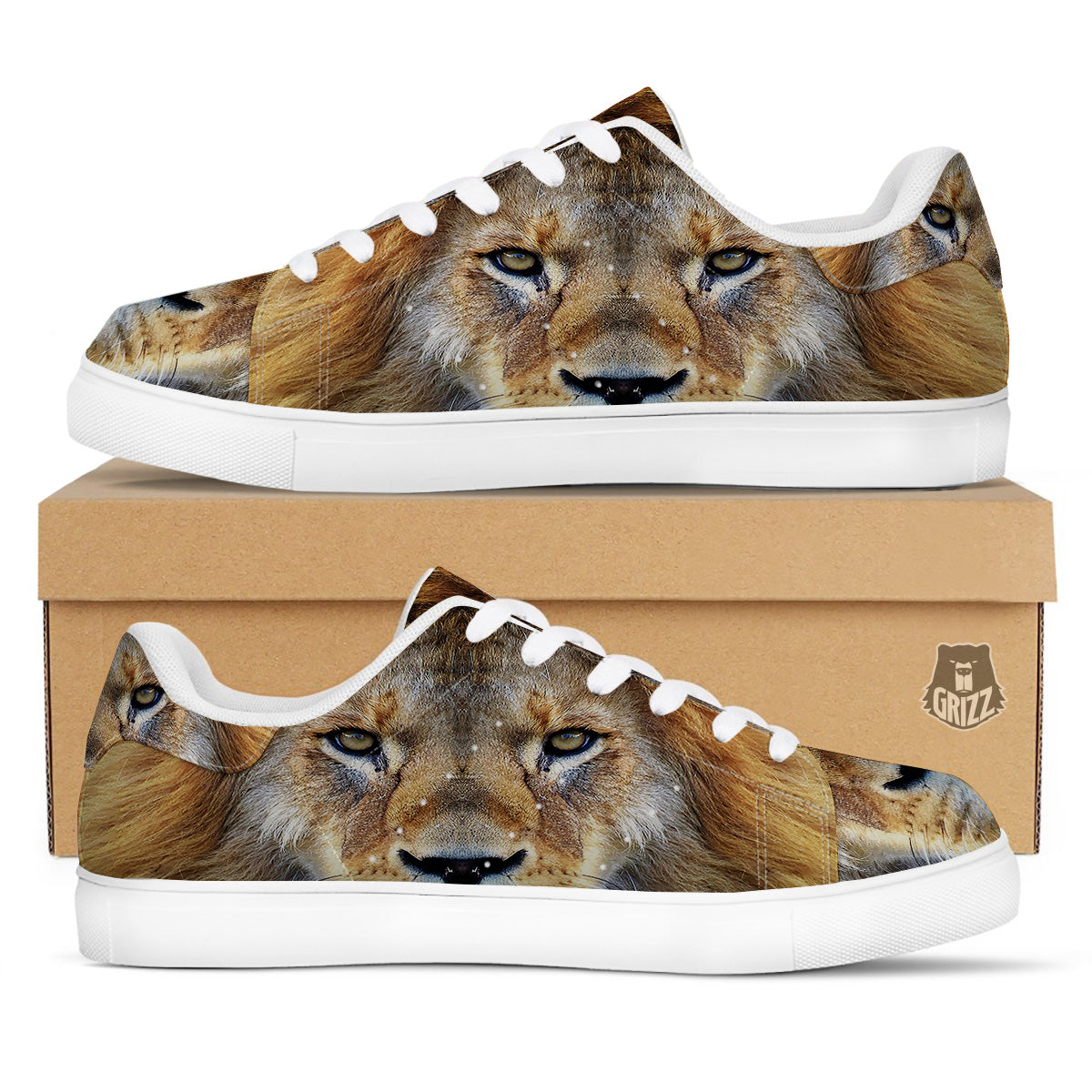 Portrait African Lion Print White Low Top Sneakers-grizzshop