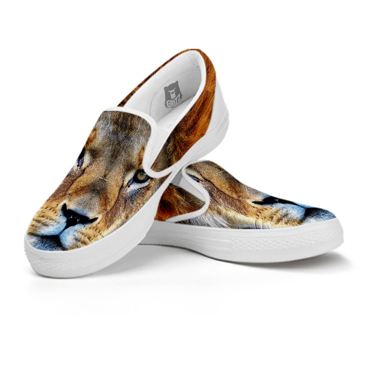 Portrait African Lion Print White Slip On Shoes-grizzshop