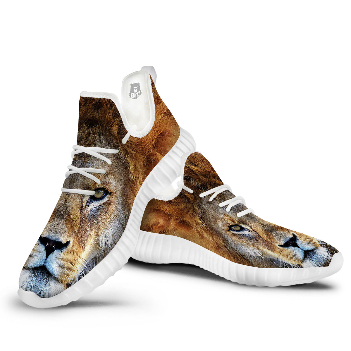 Portrait African Lion Print White Walking Shoes-grizzshop