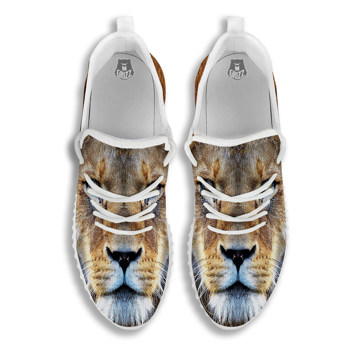 Portrait African Lion Print White Walking Shoes-grizzshop