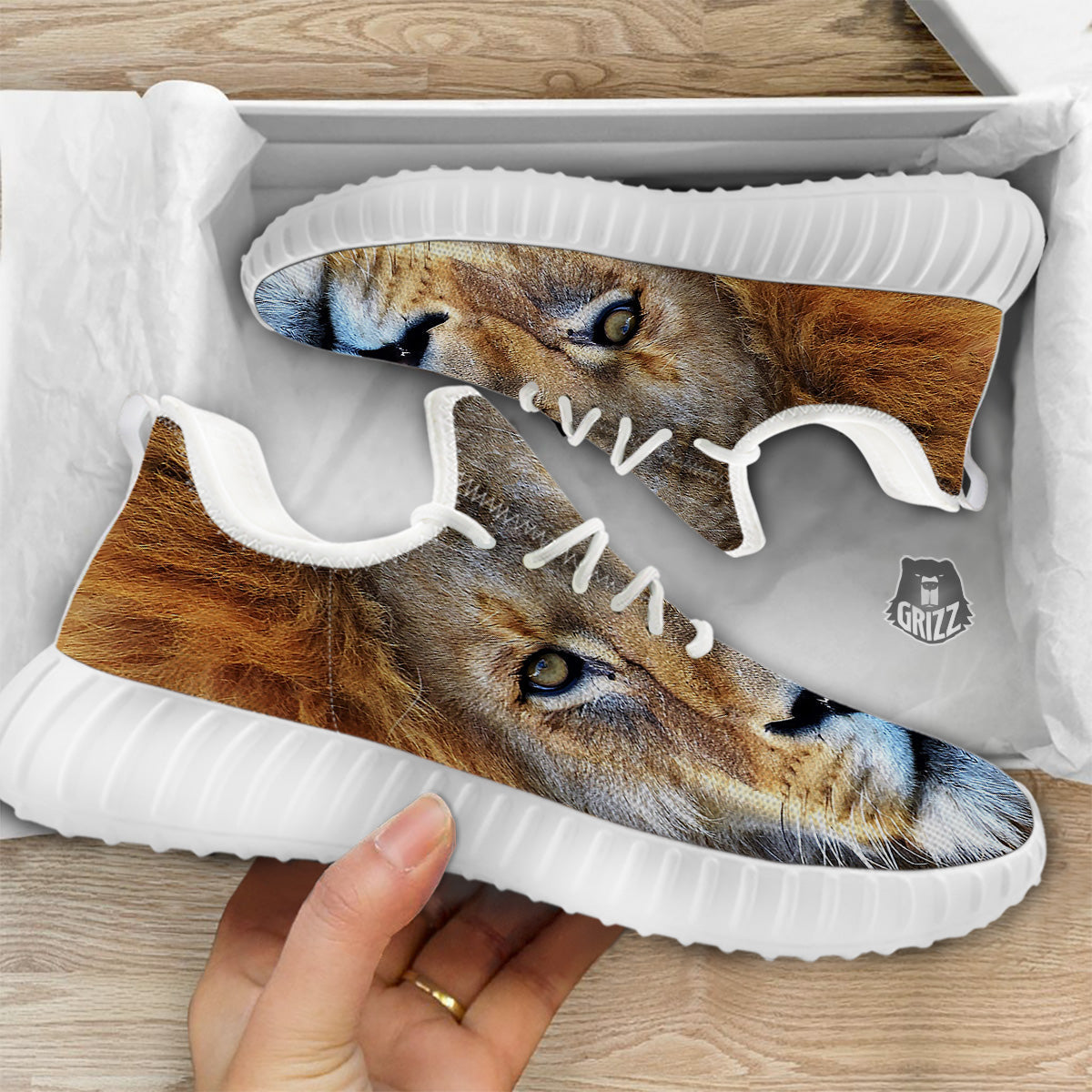Portrait African Lion Print White Walking Shoes-grizzshop