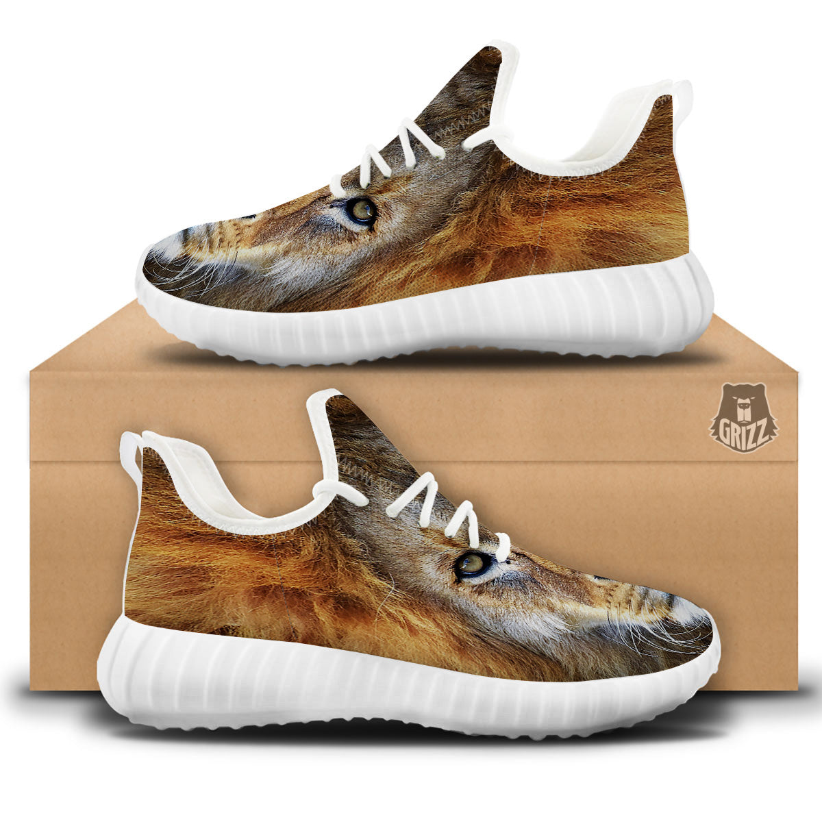 Portrait African Lion Print White Walking Shoes-grizzshop