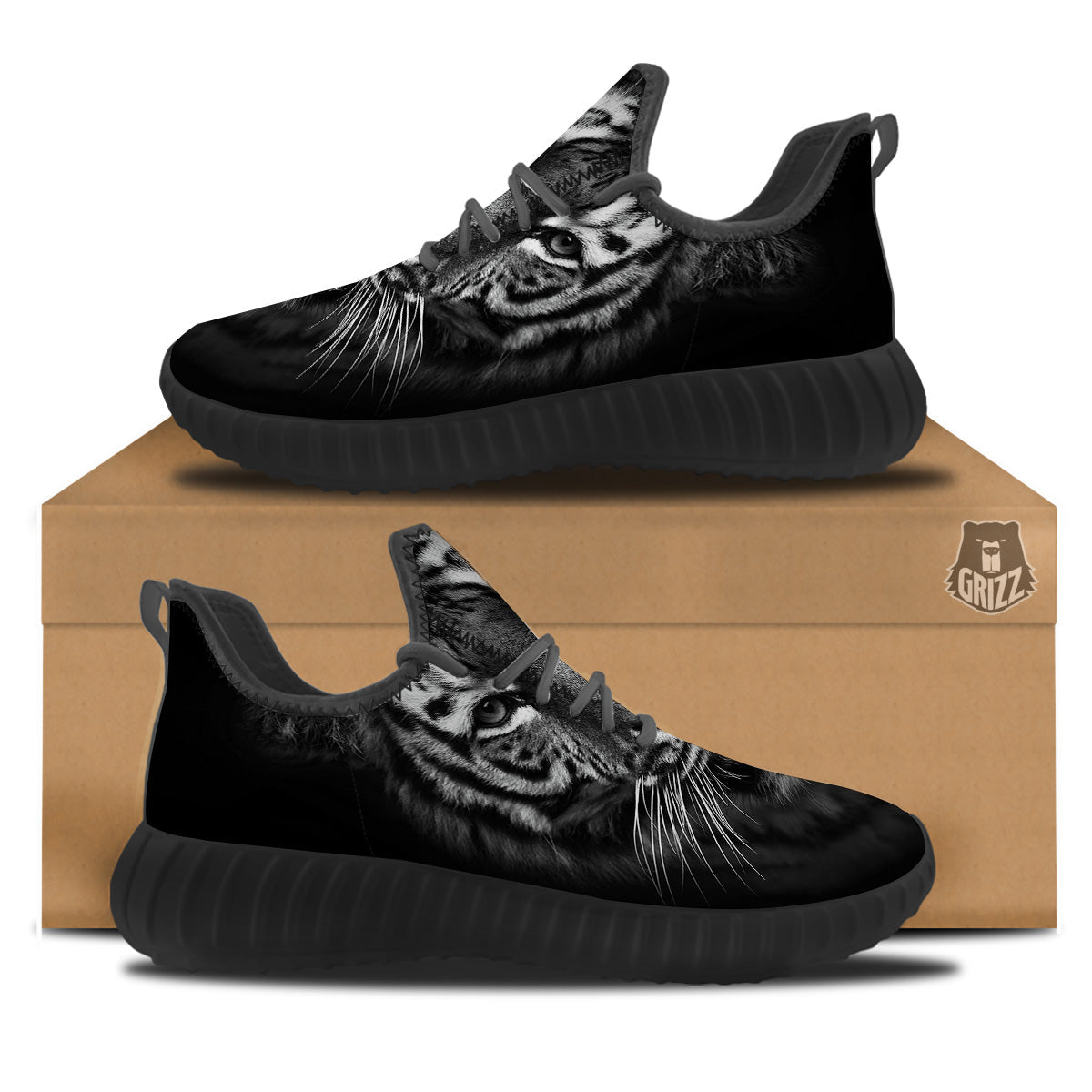 Portrait Black Tiger Print Black Walking Shoes-grizzshop