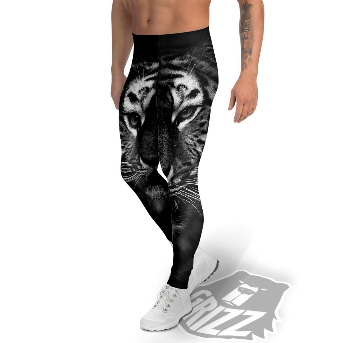Portrait Black Tiger Print Men's Leggings-grizzshop