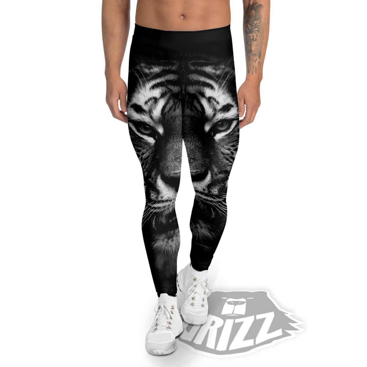 Portrait Black Tiger Print Men's Leggings-grizzshop