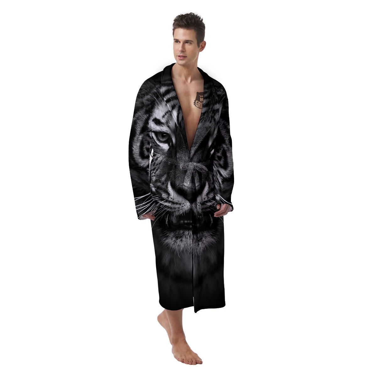 Portrait Black Tiger Print Men's Robe-grizzshop