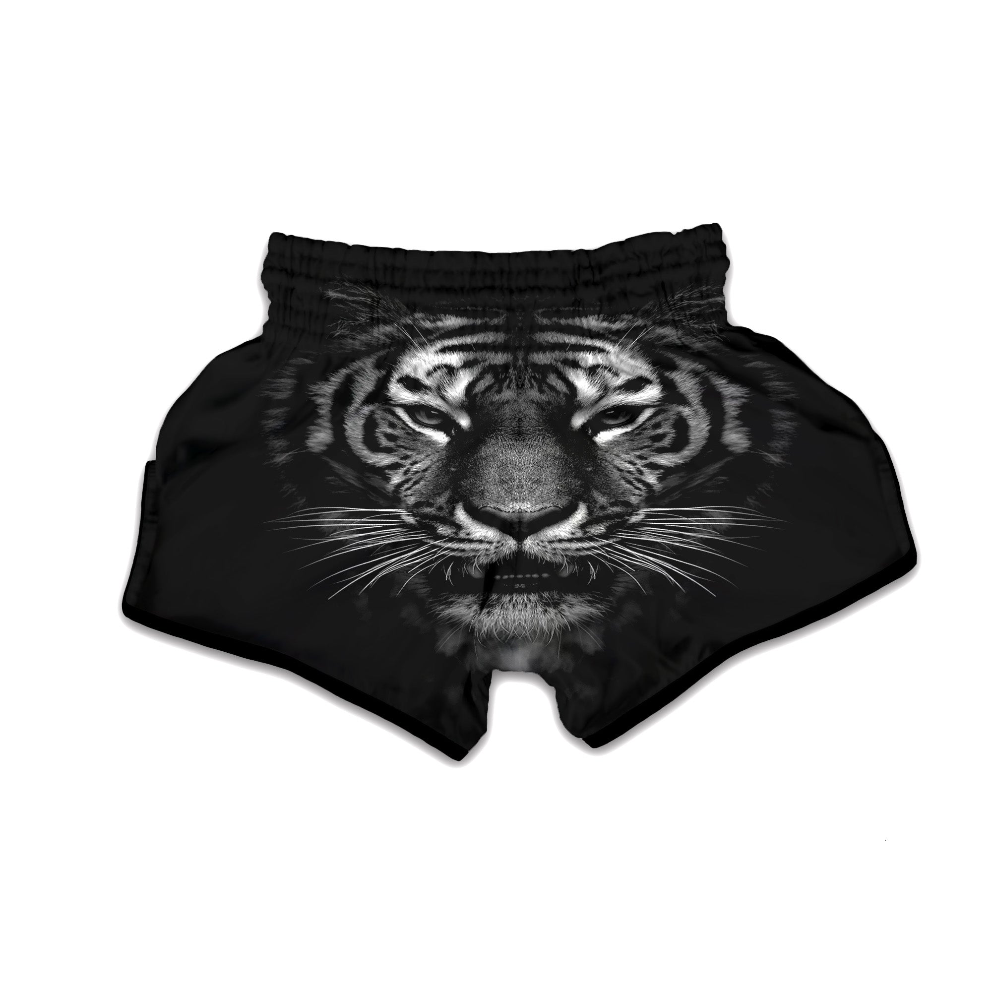 Portrait Black Tiger Print Muay Thai Boxing Shorts-grizzshop