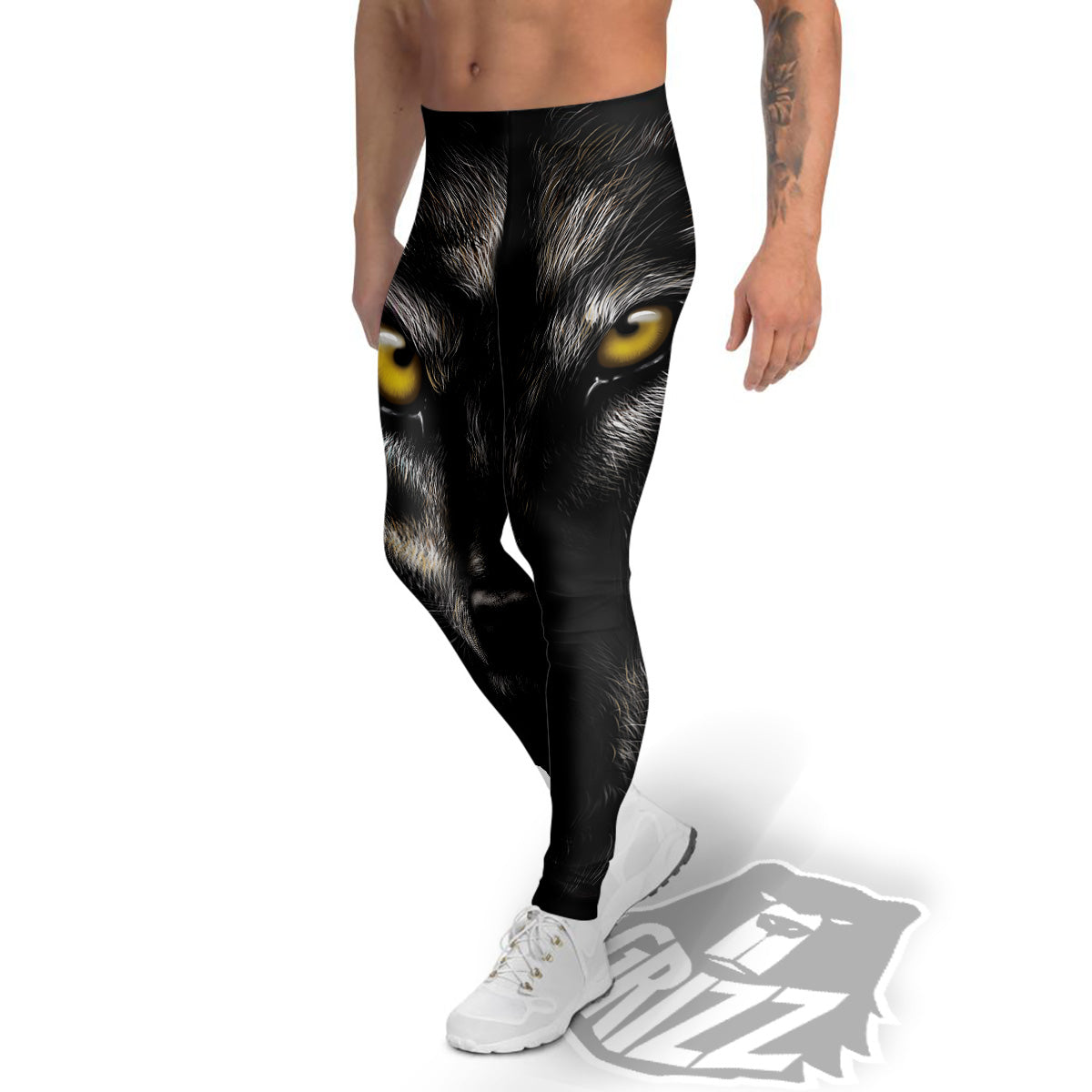 Portrait Black Wolf Print Men's Leggings-grizzshop