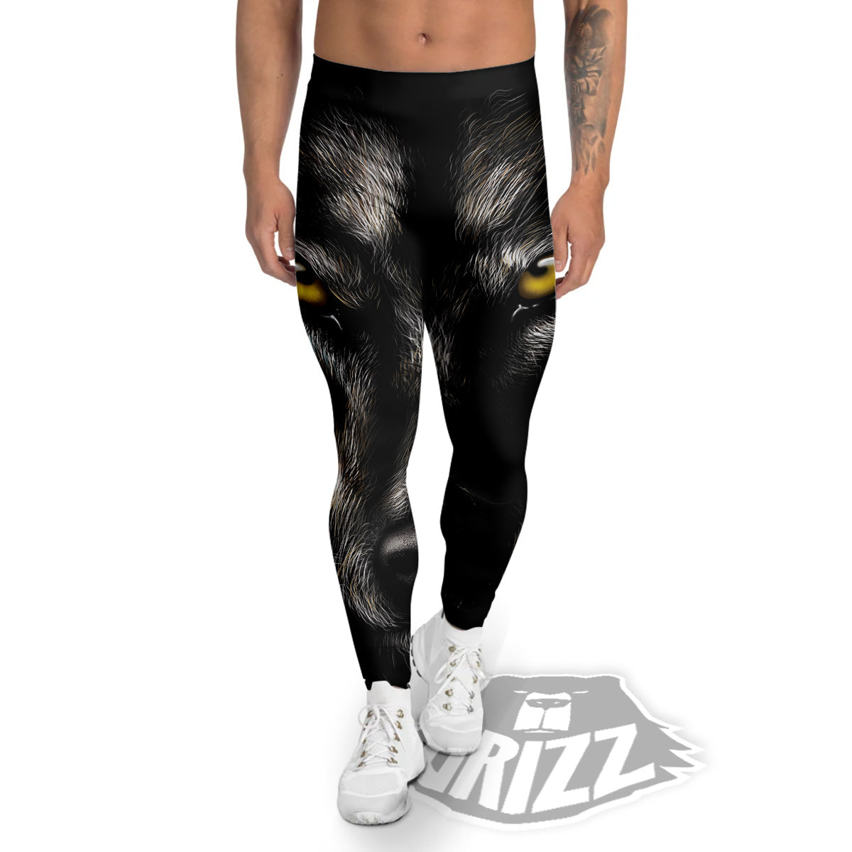 Portrait Black Wolf Print Men's Leggings-grizzshop