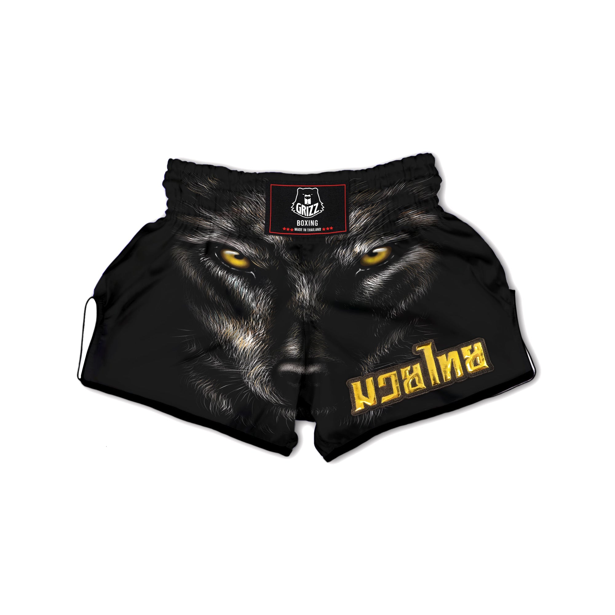 Portrait Black Wolf Print Muay Thai Boxing Shorts-grizzshop