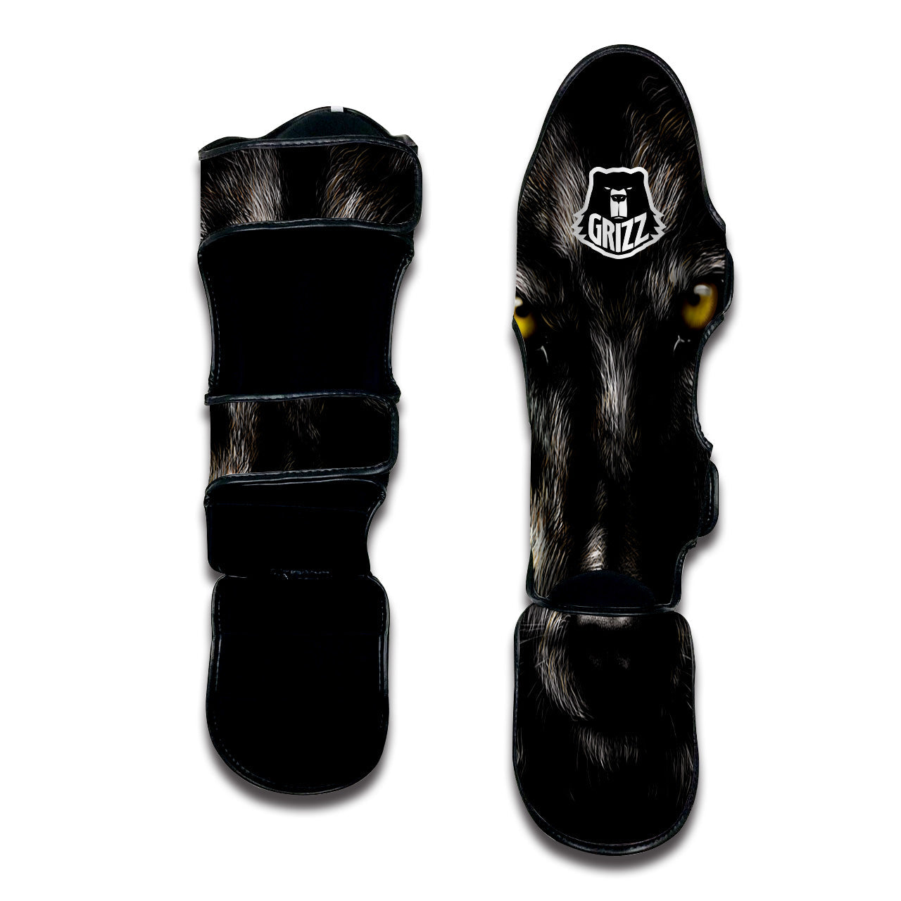 Portrait Black Wolf Print Muay Thai Shin Guards-grizzshop