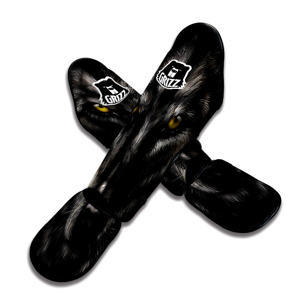 Portrait Black Wolf Print Muay Thai Shin Guards-grizzshop