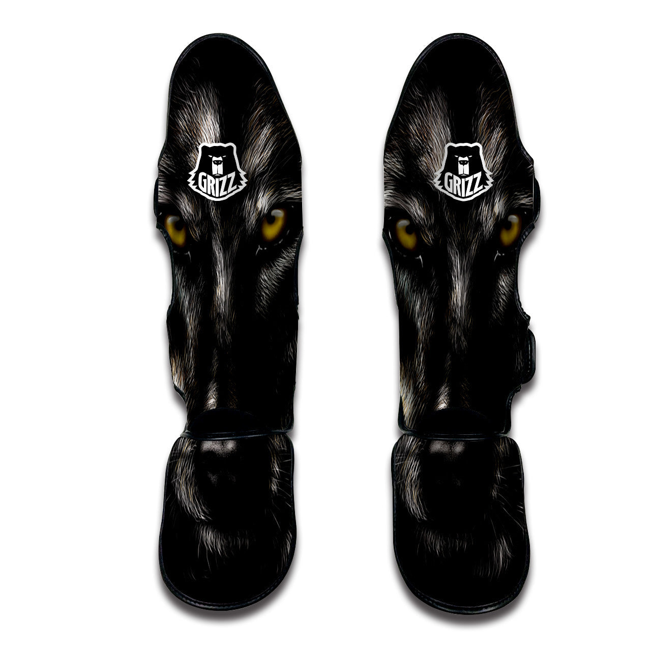 Portrait Black Wolf Print Muay Thai Shin Guards-grizzshop