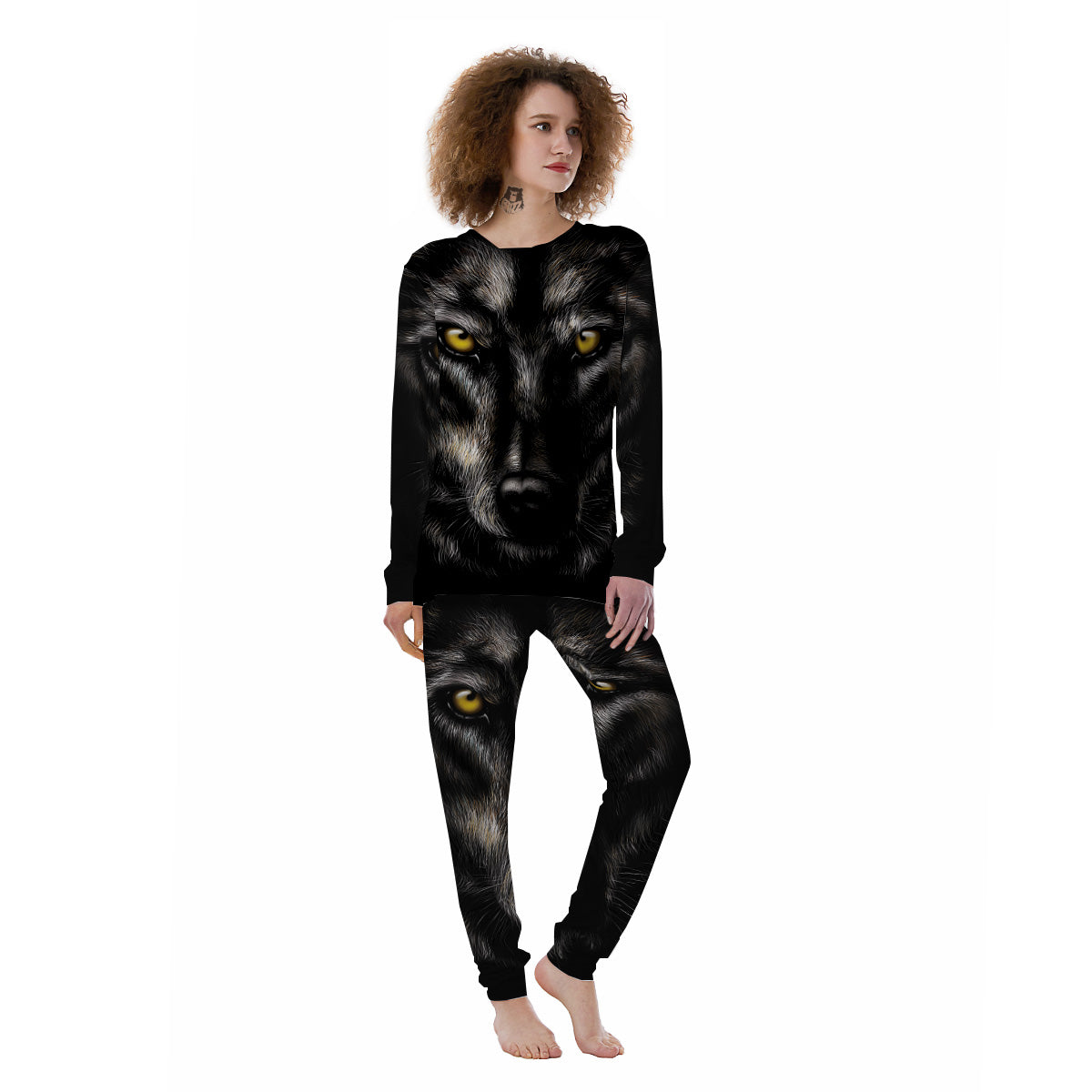 Portrait Black Wolf Print Women's Pajamas-grizzshop