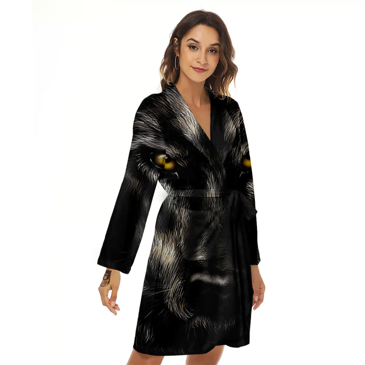 Portrait Black Wolf Print Women's Robe-grizzshop