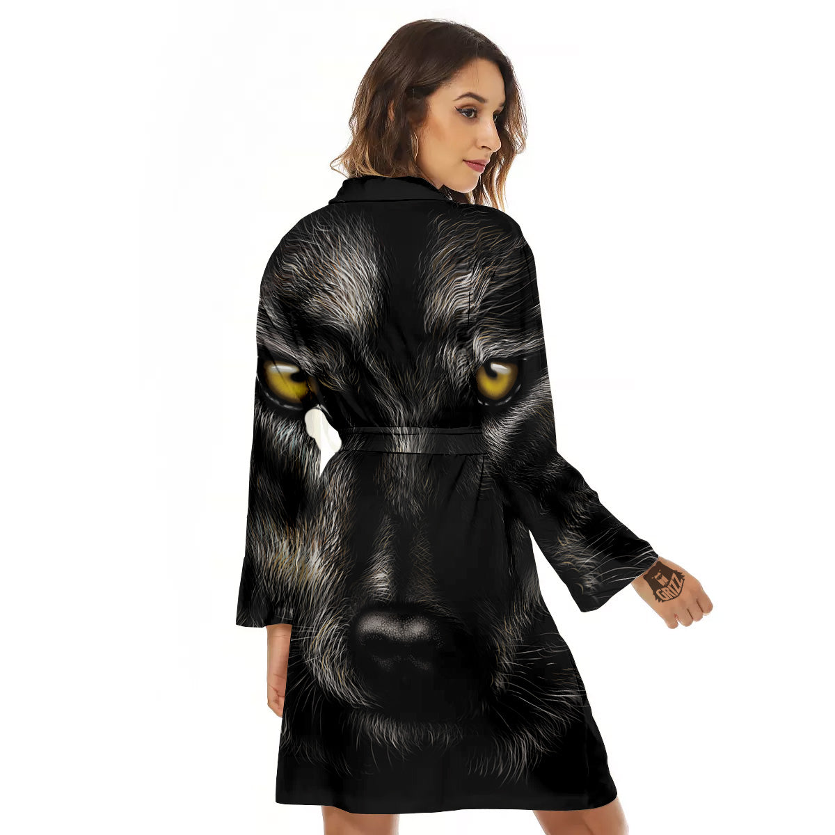 Portrait Black Wolf Print Women's Robe-grizzshop