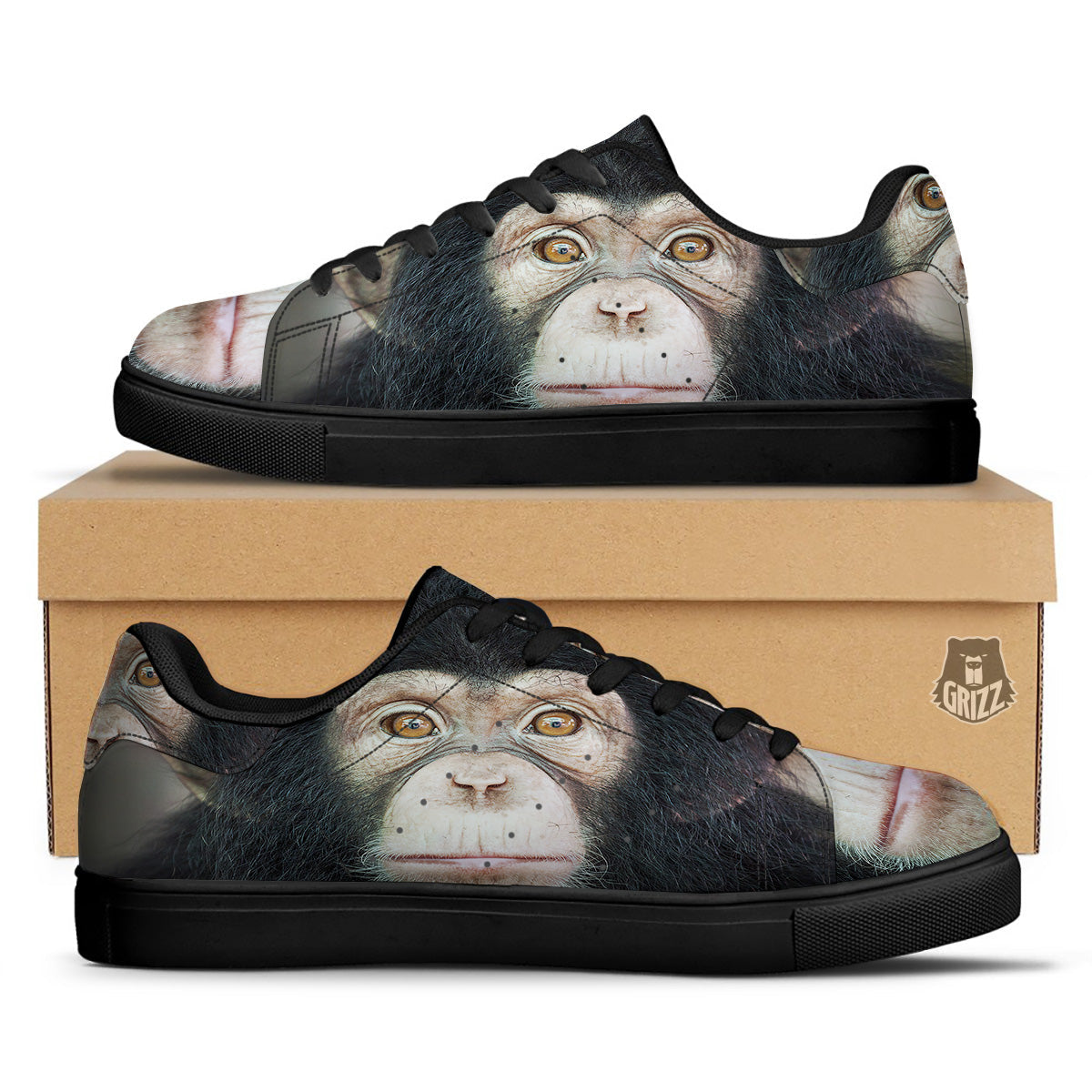Portrait Chimpanzee Print Black Low Top Sneakers-grizzshop