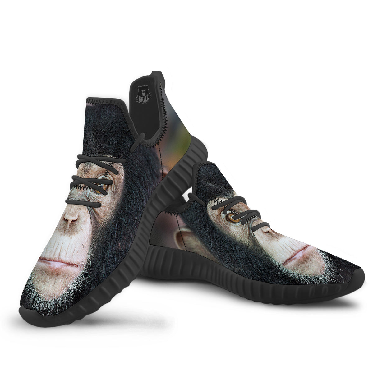 Portrait Chimpanzee Print Black Walking Shoes-grizzshop