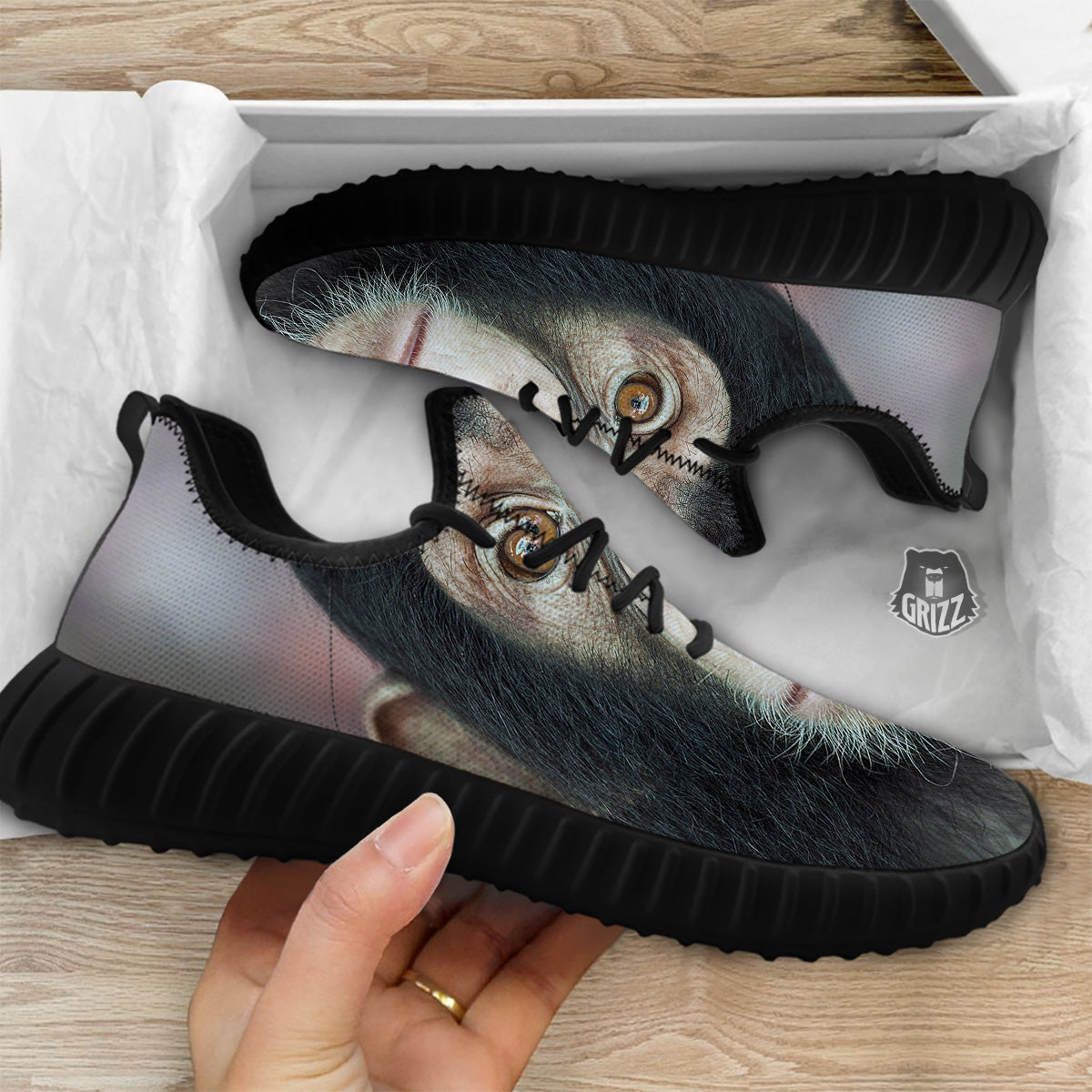 Portrait Chimpanzee Print Black Walking Shoes-grizzshop