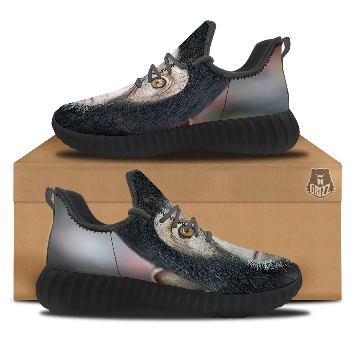 Portrait Chimpanzee Print Black Walking Shoes-grizzshop