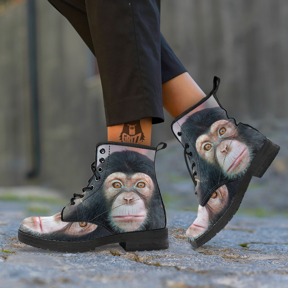 Portrait Chimpanzee Print Leather Boots-grizzshop