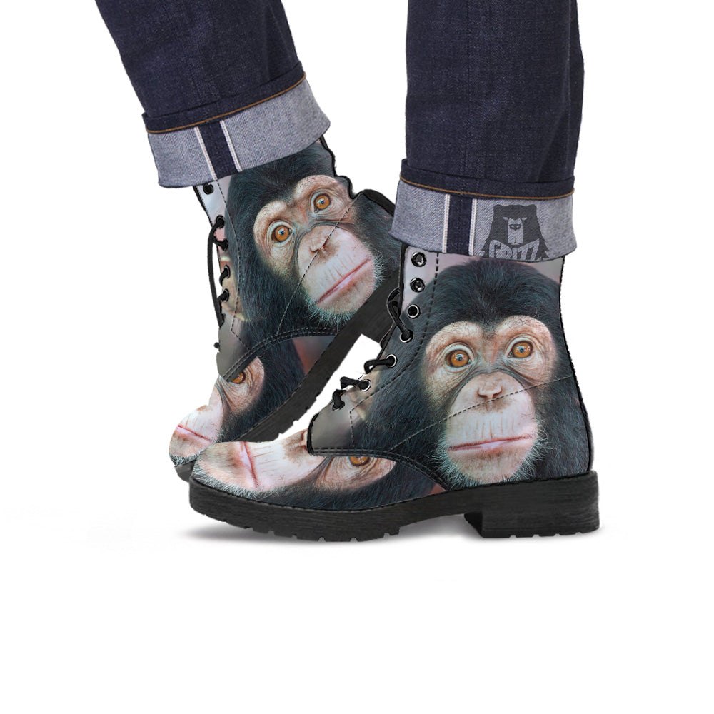 Portrait Chimpanzee Print Leather Boots-grizzshop