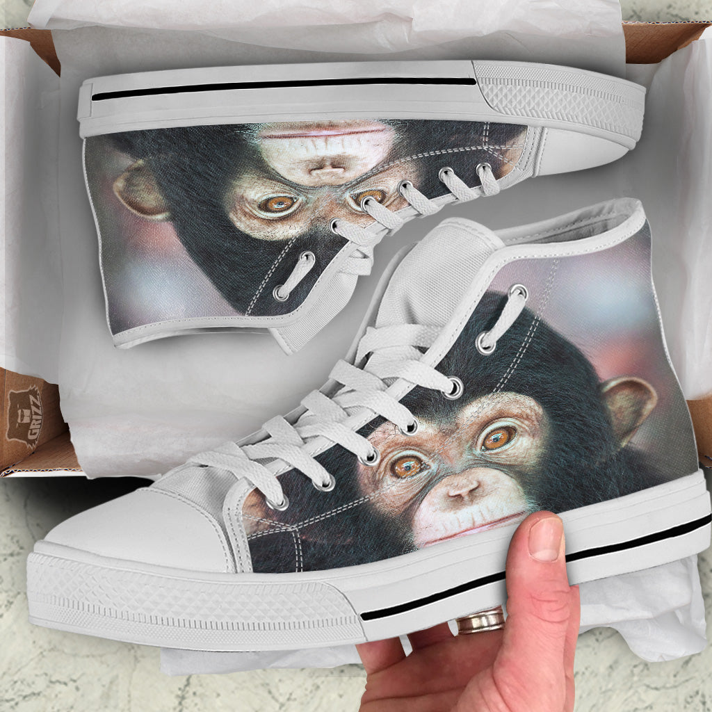 Portrait Chimpanzee Print White High Top Shoes-grizzshop