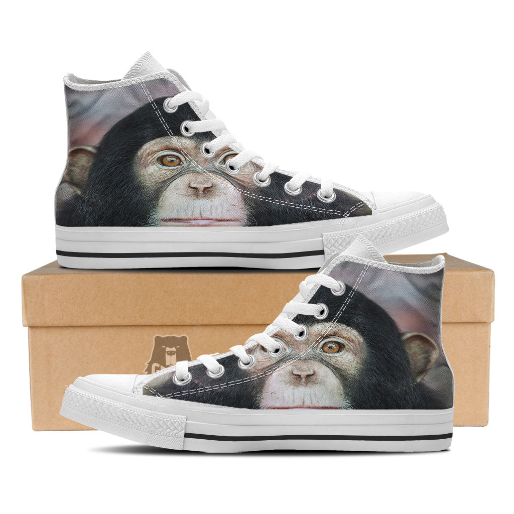 Portrait Chimpanzee Print White High Top Shoes-grizzshop