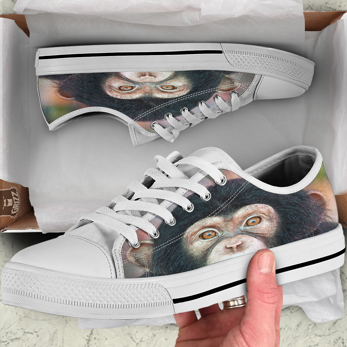 Portrait Chimpanzee Print White Low Top Shoes-grizzshop