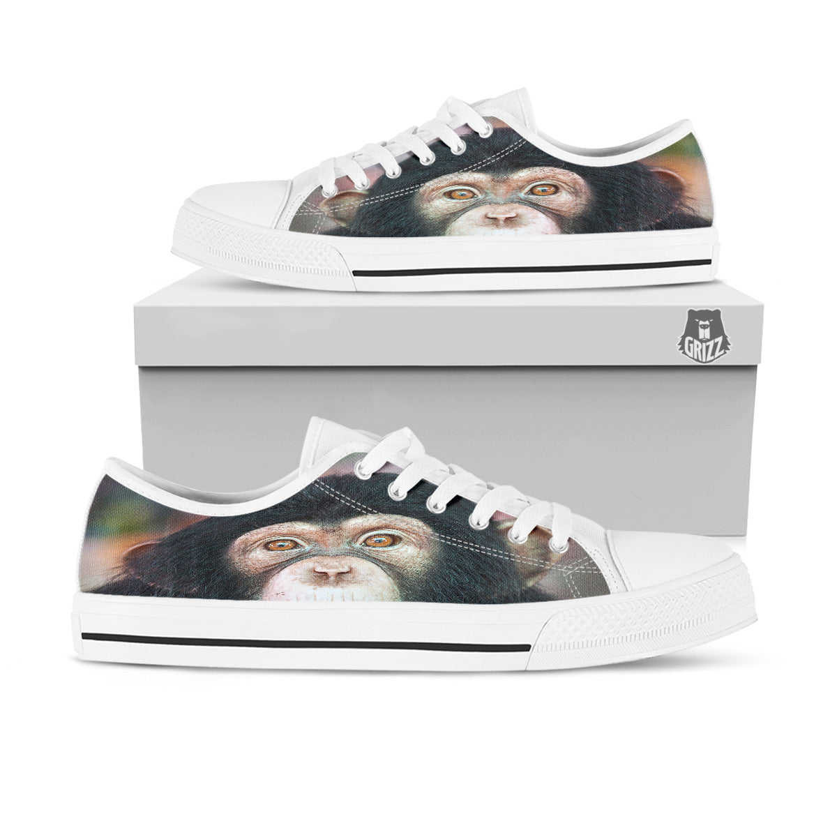 Portrait Chimpanzee Print White Low Top Shoes-grizzshop