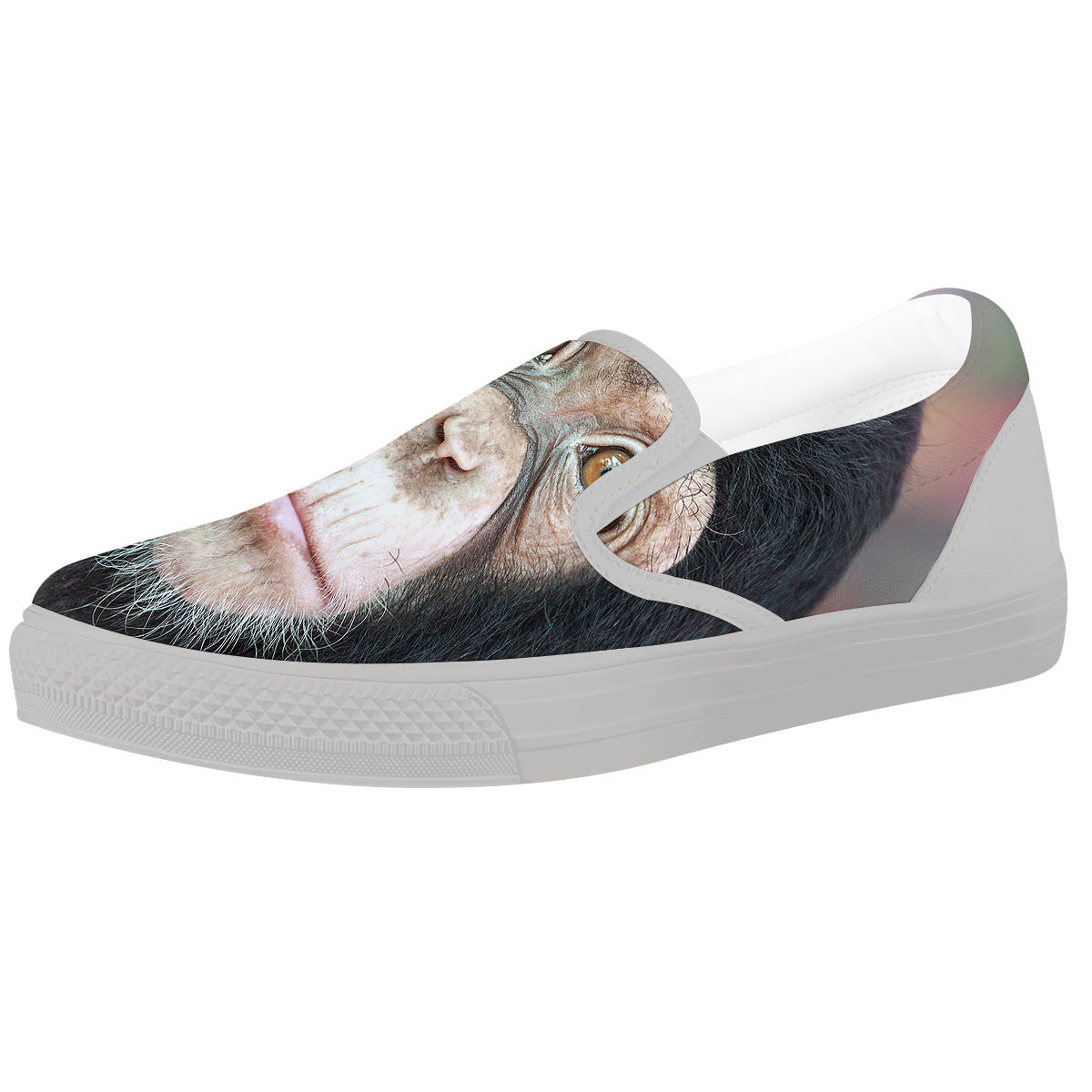 Portrait Chimpanzee Print White Slip On Shoes-grizzshop