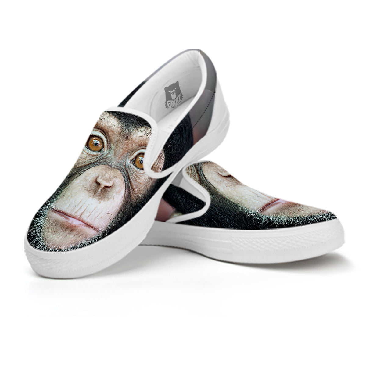 Portrait Chimpanzee Print White Slip On Shoes-grizzshop