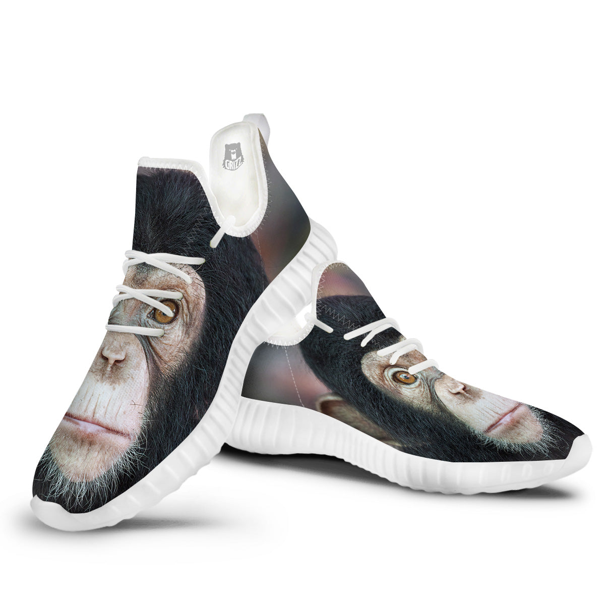 Portrait Chimpanzee Print White Walking Shoes-grizzshop