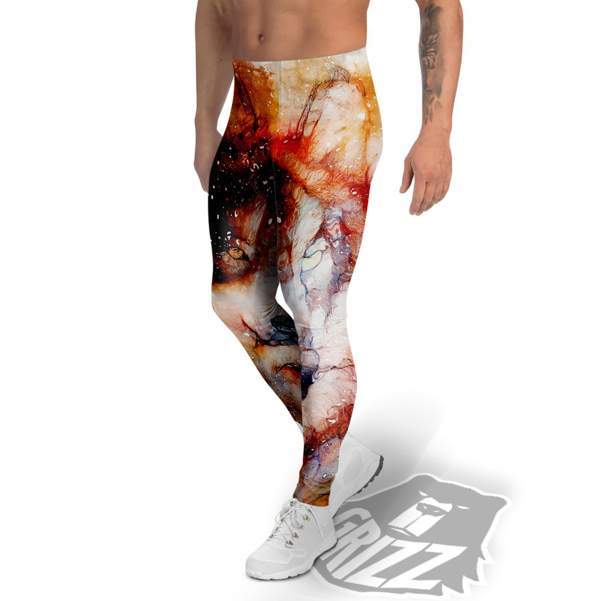 Portrait Cosmic Wolf Print Men's Leggings-grizzshop