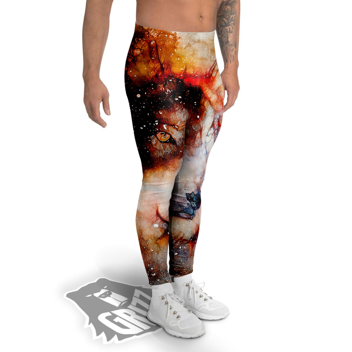 Portrait Cosmic Wolf Print Men's Leggings-grizzshop