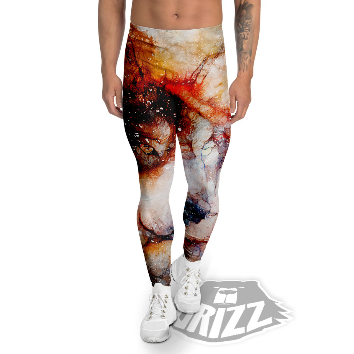 Portrait Cosmic Wolf Print Men's Leggings-grizzshop