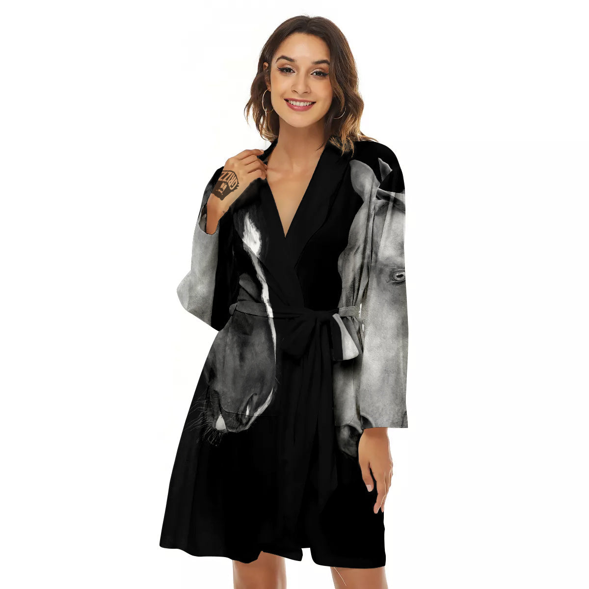 Portrait Couple Horses Print Women's Robe-grizzshop