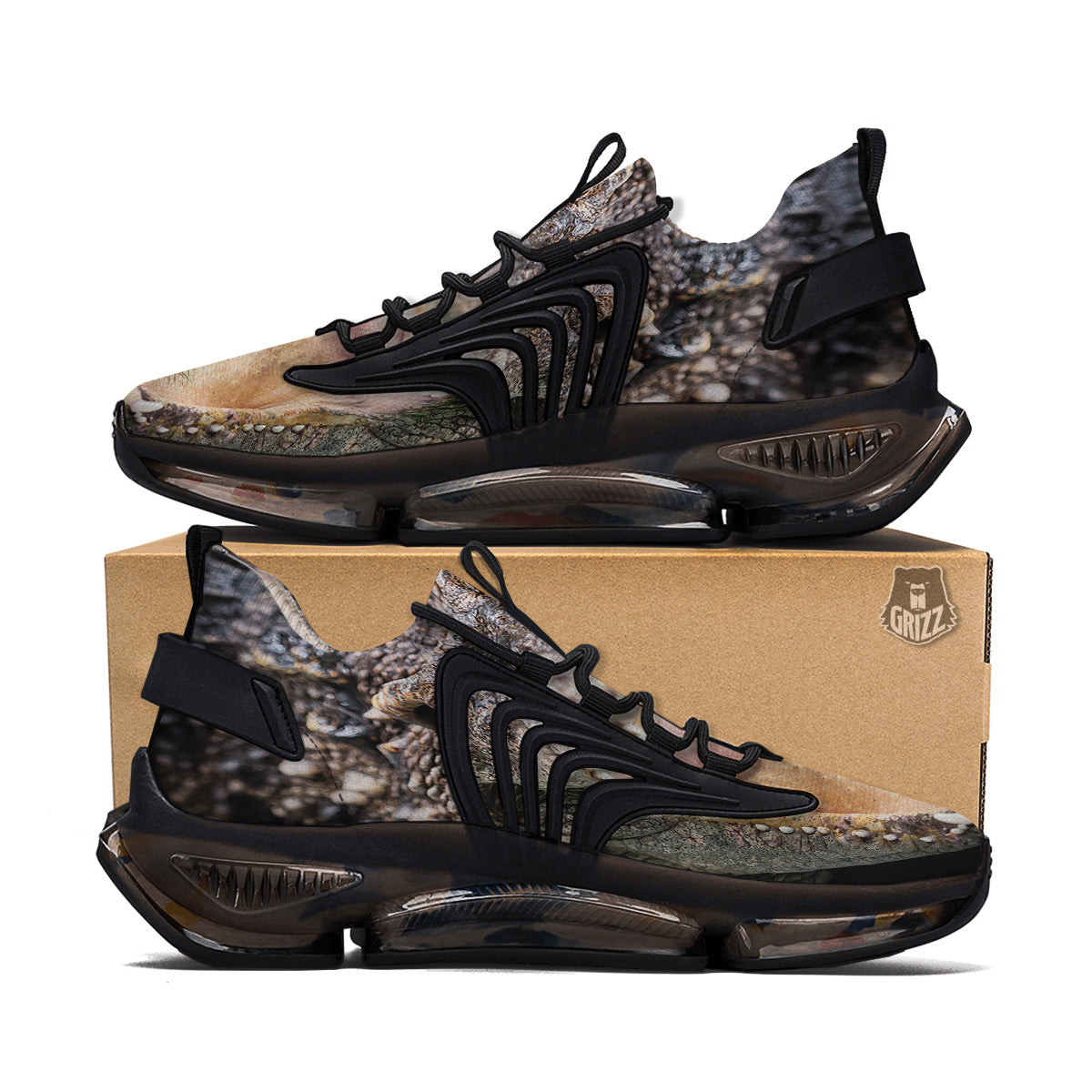 Portrait Crocodile Print Black Gym Shoes-grizzshop