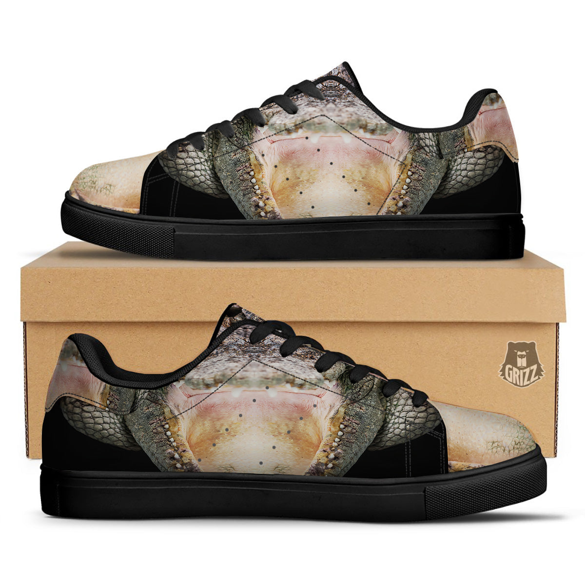 Portrait Crocodile Print Black Low Top Sneakers-grizzshop
